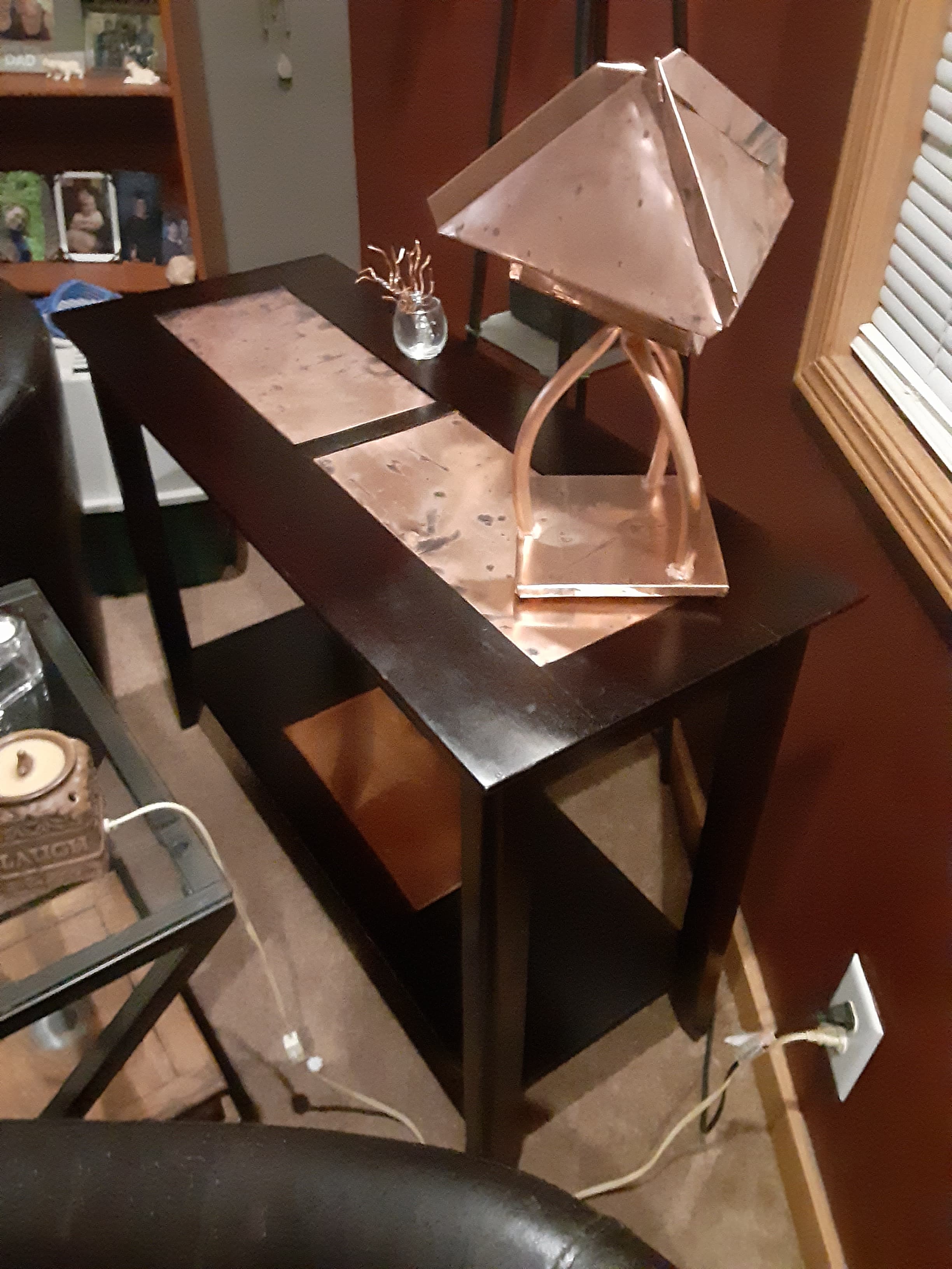 Custom copper and wood garden lamp